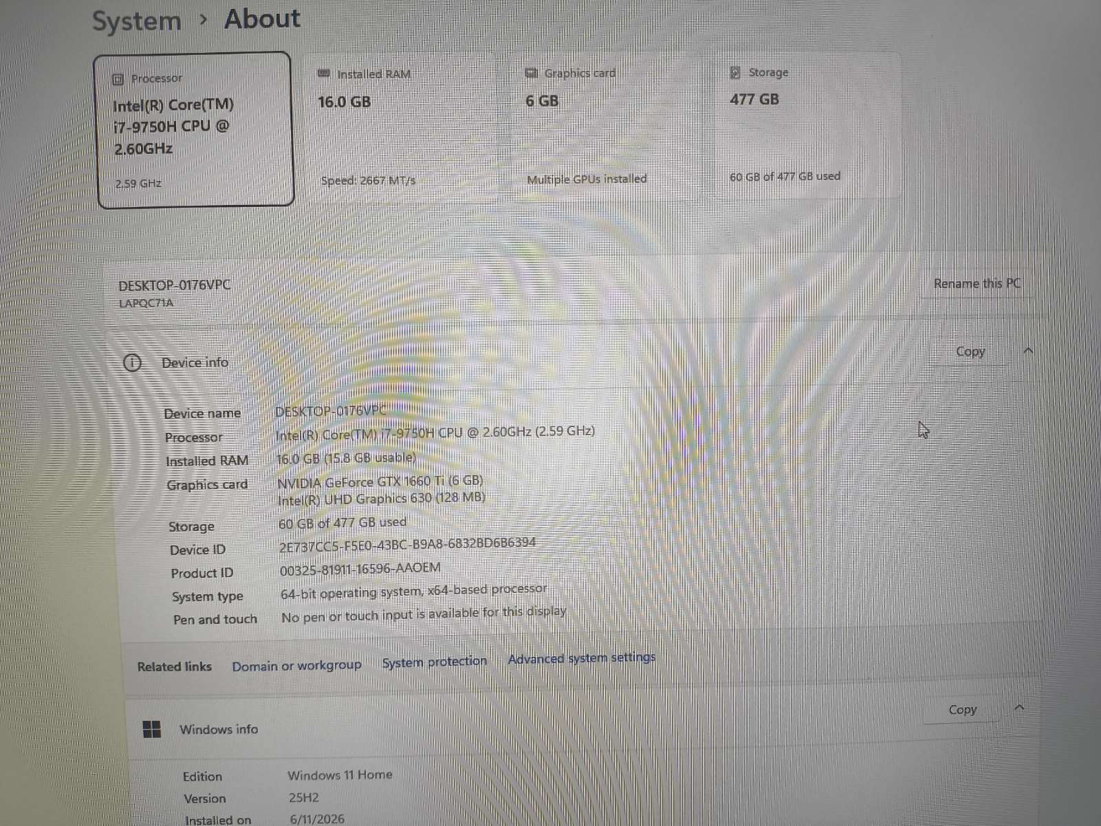 Intel Regulatory model QC7 15.6 FHD IPS 144Hz i7-9750H 16GB 512GB SSD GTX 1660 Ti 6GB Nėra baterijos, Neveikia ausinių lizdas. - Image 5