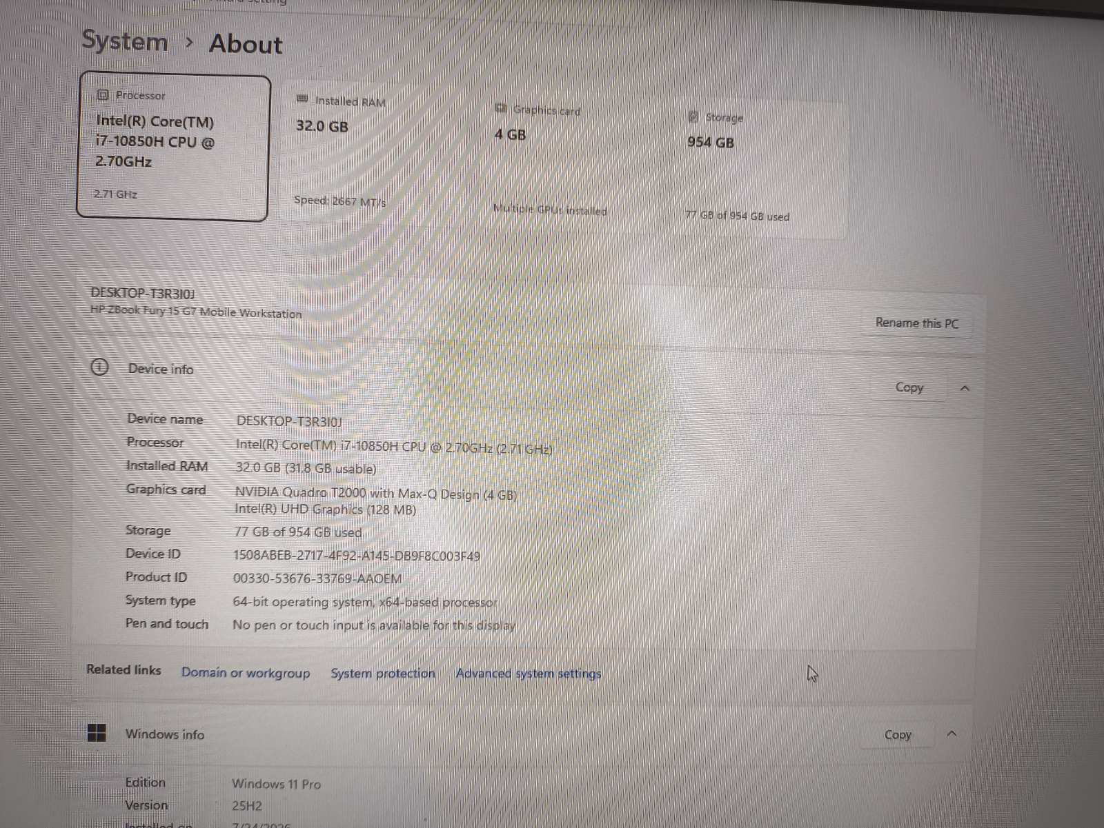 HP ZBook Fury 15 G7 15.6 FHD IPS i7-10850H 32GB 1TB SSD Nvidia Quadro T2000 4GB Max-Q 28% - Image 4