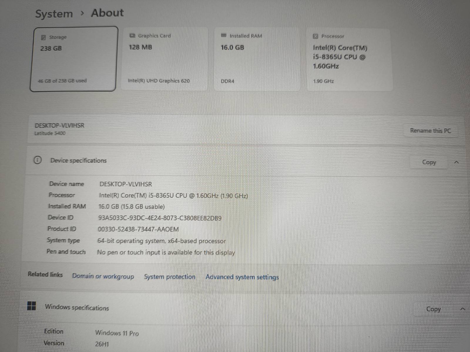 DELL Latitude 5400 14.0 FHD IPS, I5-8265u, 16GB, 256GB 12% - Image 4